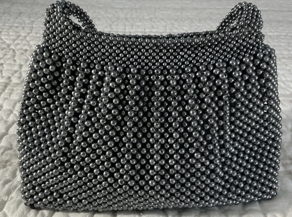 Bolso de Noche Champaign Vintage Años 90-2000 Con Cuentas - Gris Metálico ~ Boda Formal Foto 2 de 4