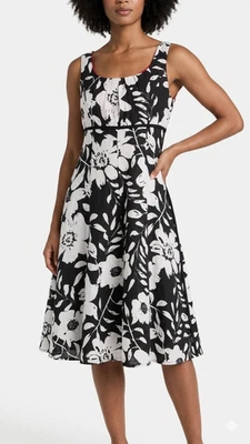 Per Una 100% Linen Dress UK14R Black White Floral Empire Midi Boho Marks Spencer - Image 1 of 4