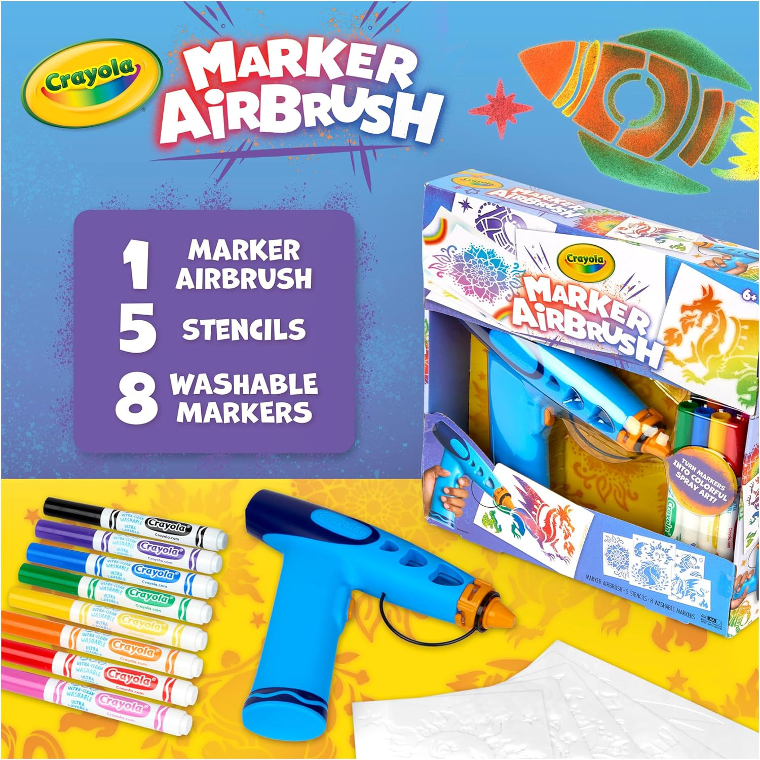Marker Airbrush Spray Art Kit, Battery-Powered Sprayer with 8 Washable Markers &
