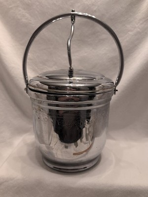 VINTAGE UNITED CHROMIUM ON BRASS HINGED LID GLASS LINER ICE BUCKET