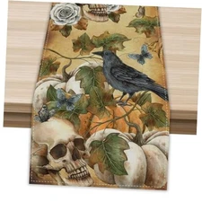 Skull Crow Pumpkin Retro Halloween Table Runner 72 Inch Seasonal Fall Kitchen 