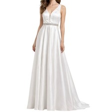 White Satin A-Line Plunging Neckline Wedding Dress XS Jeweled Belt Bridal Gown