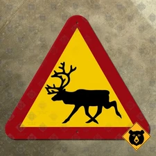 Sweden reindeer highway warning sign road sign red yellow caribou ren 19x16
