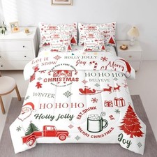 7 Pieces Comforter Set,Christmas Holiday Bed in a Bag,Doodle Twin Red Green