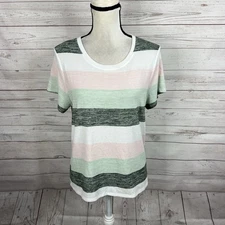 Market & Spruce Juuna Hi-Low Knit Top Size Medium Petite Striped Short Sleeve