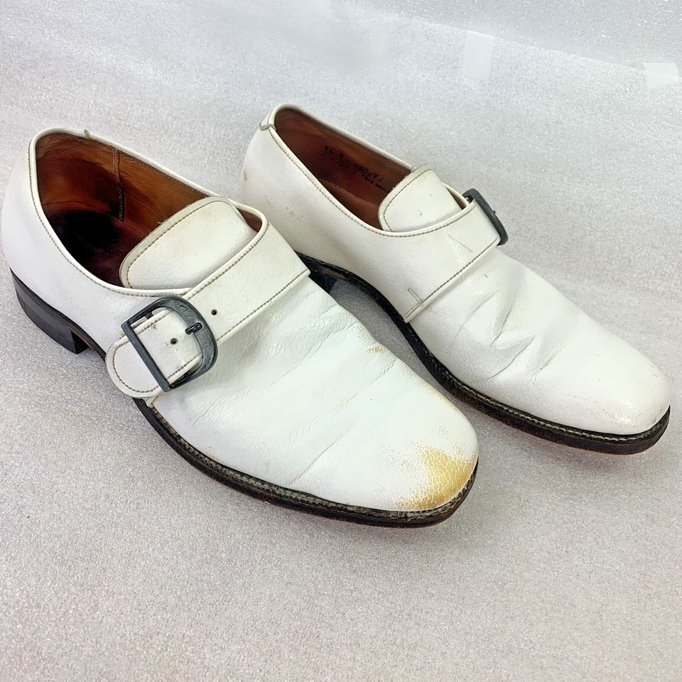 DuPont Corfam White Dress Shoes Strap Buckle 9.5 D B Sterling Oak Sole VTG 1970s - Image 3 of 4
