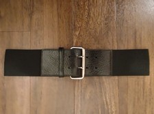 Wide Black Stretch Belt: Genuine Leather, Silvertone Buckle - READ MEASUREMENTS