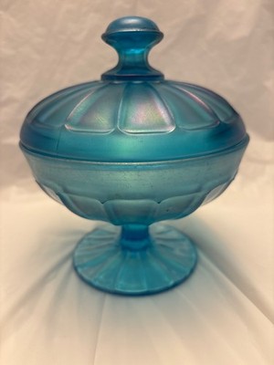 vintage Fenton, Celeste, blue stretch, glass covered candy dish