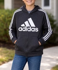 Adidas Youth Hoodie Zip Up Jacket Gray White 3 Stripe Logo Size L 14/16