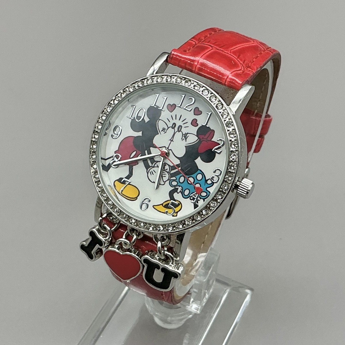 Disney Girls Watch White Dial Red Strap Mickey Minnie Crystal