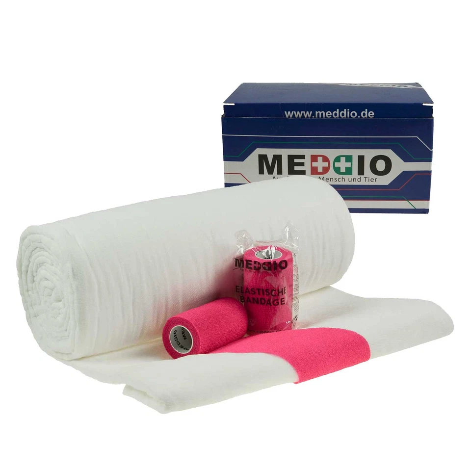 MADDMA Mullwatterolle 40x500cm + 12 Haftbandagen 10cm neonpink selbsthaftende Bandage W