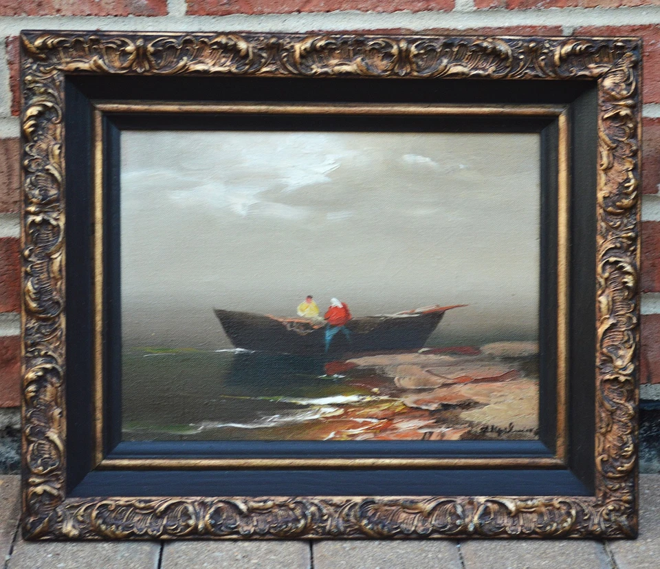 Vintage Original Oil Painting Fishermen by the Boat Signed Ornate Frame - Image 2 of 4