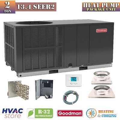 Goodman 2 Ton 13.4 SEER2 AC Heat Pump Package Unit Horizontal + Install Kit R32