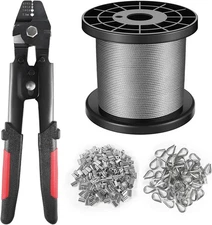 Wire Rope Crimping Tool Kit 328 FT Stainless Steel Cable 200 Pcs Silver