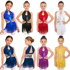 Kids Girls Costume Mesh Dress Rave Dancewear Leotard Latin Dance Modern Ruched