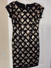 Eliza J sequined cap sleeve geometric cocktail mini dress black and gold size 2