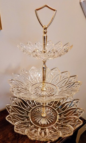 Vintage 1960s Mid-Century 3-Tier Federal Glass Petal Serving Tray, 14" Tall