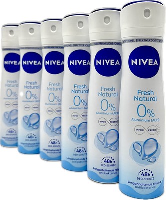 6x NIVEA FRESH NATURAL Deodorant Deo Spray 48h Schutz 0% Aluminium - (6x 150 ml)