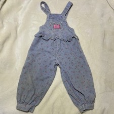Vintage 1980s OshKosh B'Gosh Light Blue Corduroy Pink Floral Ruffled Overalls
