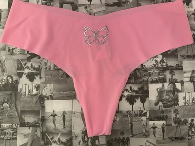 NWT  Victoria's Secret Pink No Show Thong Panty Pink Bling Butterfly Small  