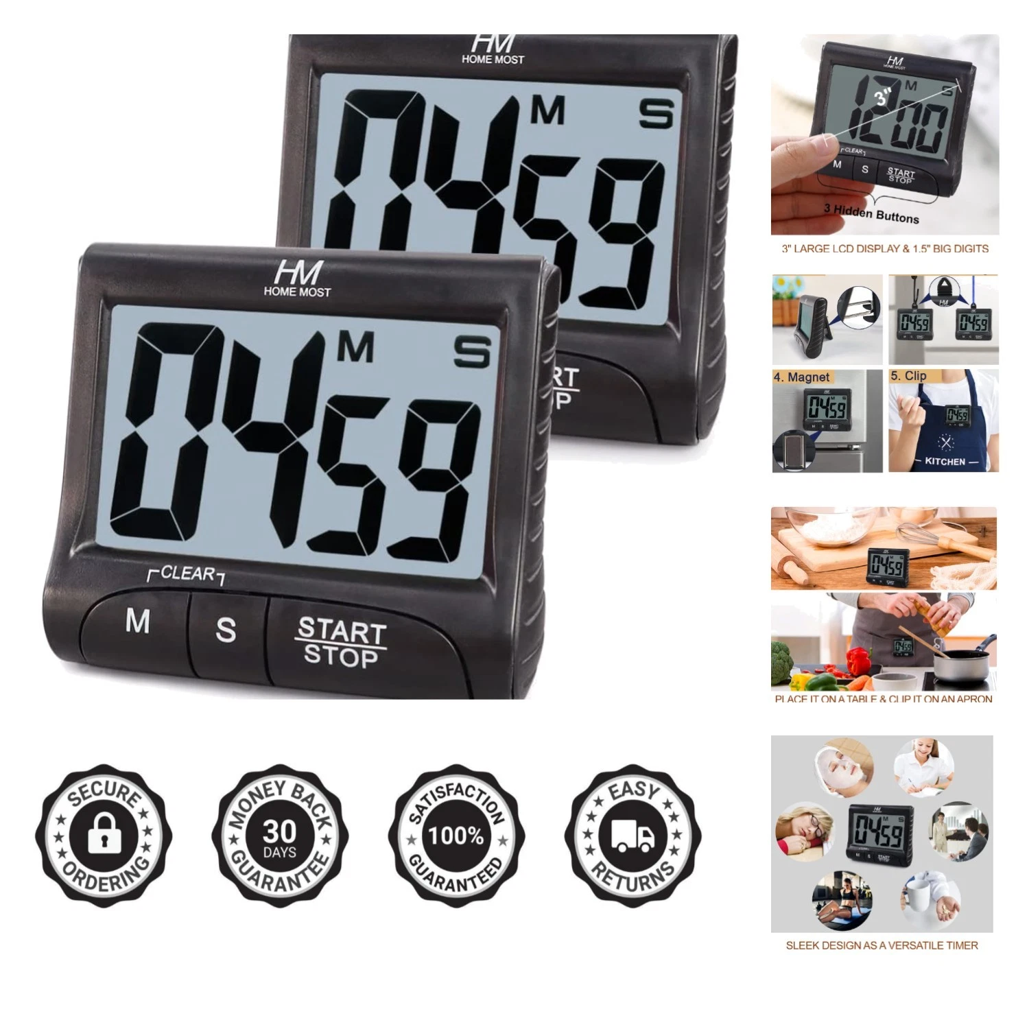 Large LCD Timer 2-Pack for Kitchen & Sports - Sleek Design with Magnetic Back