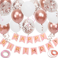 Happy Birthday Banner, Rose Gold Birthday Decoration, 16 Pcs 12 Inch Balloons wi