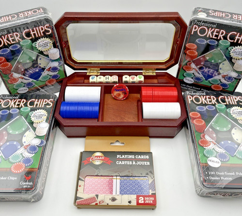 VTG Bicycle Executive Poker Set Wood Glass Case 500+ Chips Cards Harrah’s Chip