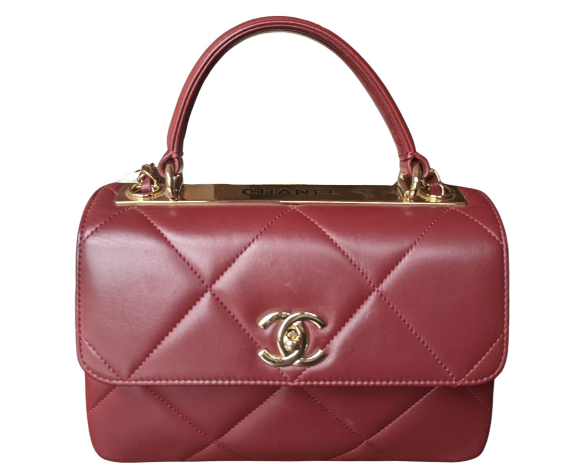 $3800 Chanel Trendy CC Top Handle Small Burgundy Lambskin Maxi Quilting Full Set