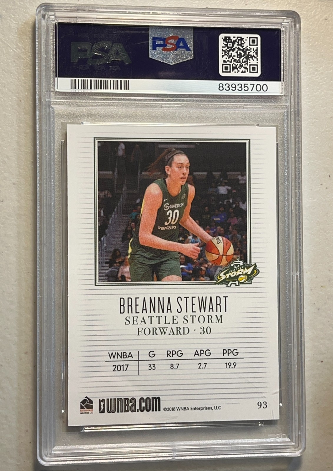 Breanna Stewart PSA 10 2018 Rittenhouse WNBA #93 Base Seattle Storm Gem Mint view 4