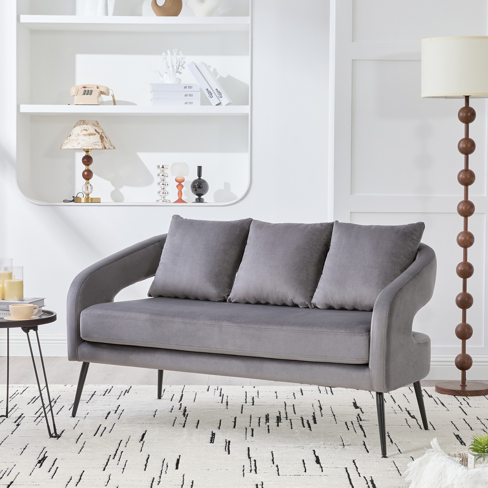 Velvet Loveseat Sofa 53.7" with Metal Legs & 3 Pillows, Charcoal