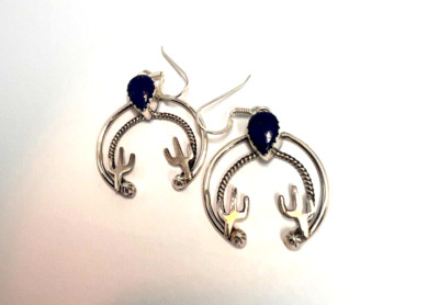 Kaktus Ohrhänger 925 Sterling Silber Handarbeit Blau Lapis Southwestern