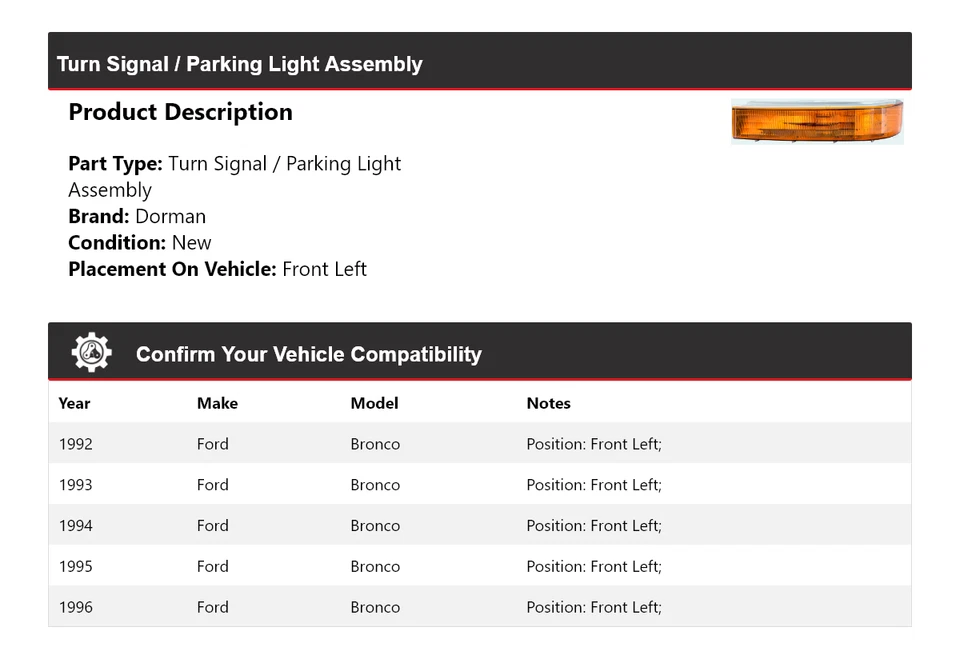 Conjunto de luz de giro/estacionamiento delantera izquierda para Ford Bronco Dorman 1992-1996 Foto 2 de 4