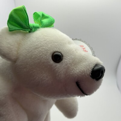Vintage 1997 Coca-Cola Bean Bag Plush 6'' Polar Bear in Green Bow