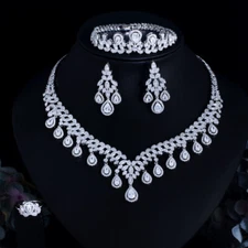 Silver Plated CZ Necklace Earrings Bracelet Ring Fiancee Engagement Jewelry Set