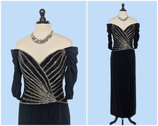 Vintage 90s Bob Mackie Evening Gown, 1990s Off-the-Shoulder Black Beaded Gown