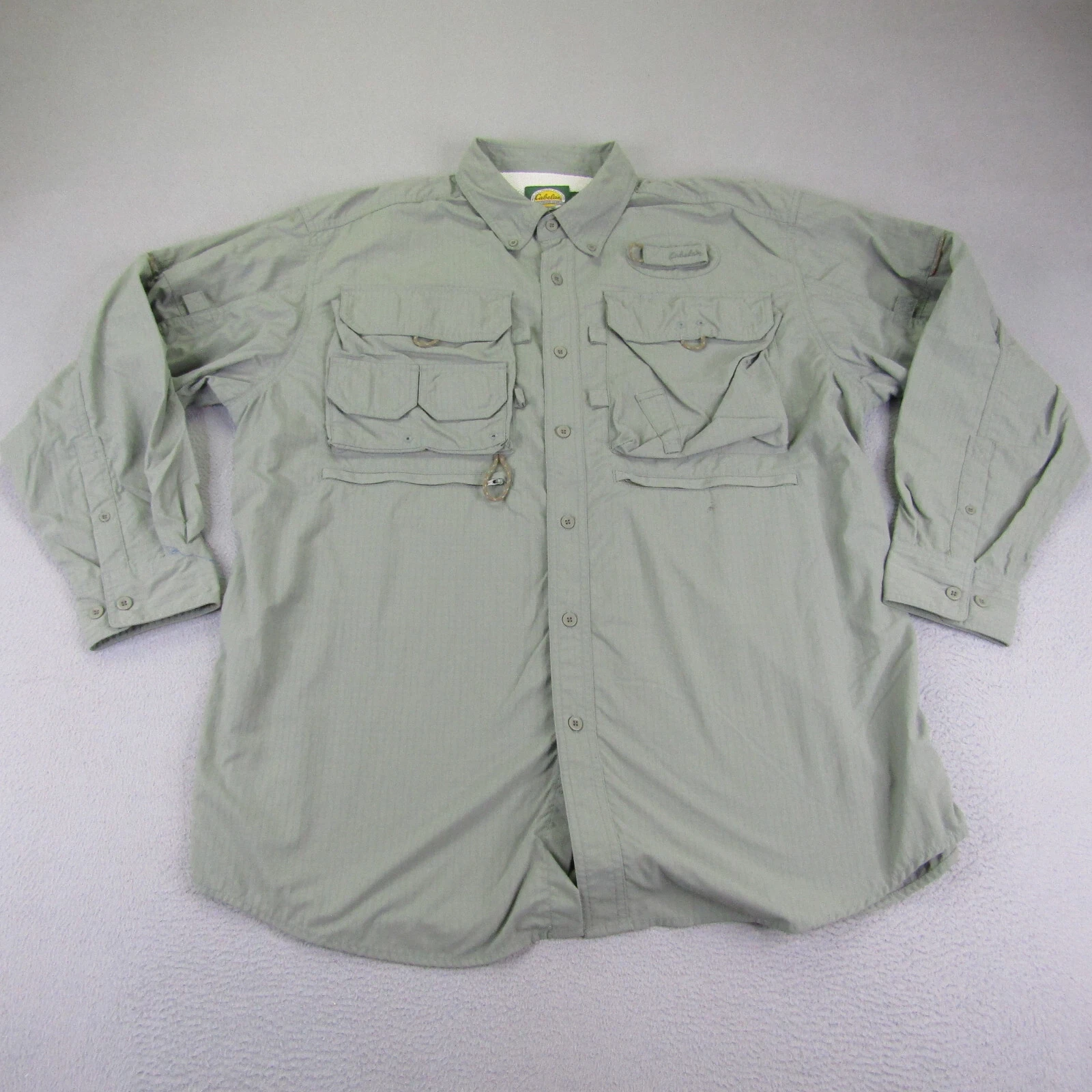 Cabelas Shirt Mens Extra Large Green Button Up Fishing Vented Outdoors Camping ^