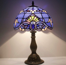 Tiffany Victorian Style Table Lamp Blue Stained Glass Bedside Reading Light 18"