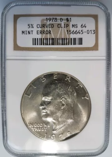 1978 D Eisenhower Dollar IKE NGC MS 64 Curved Clip 5% Clipped Mint Error Coin