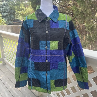 Patchwork Blue Green Frayed Jacket 1X Boho Art To Wear Gypsy Unique Color Block