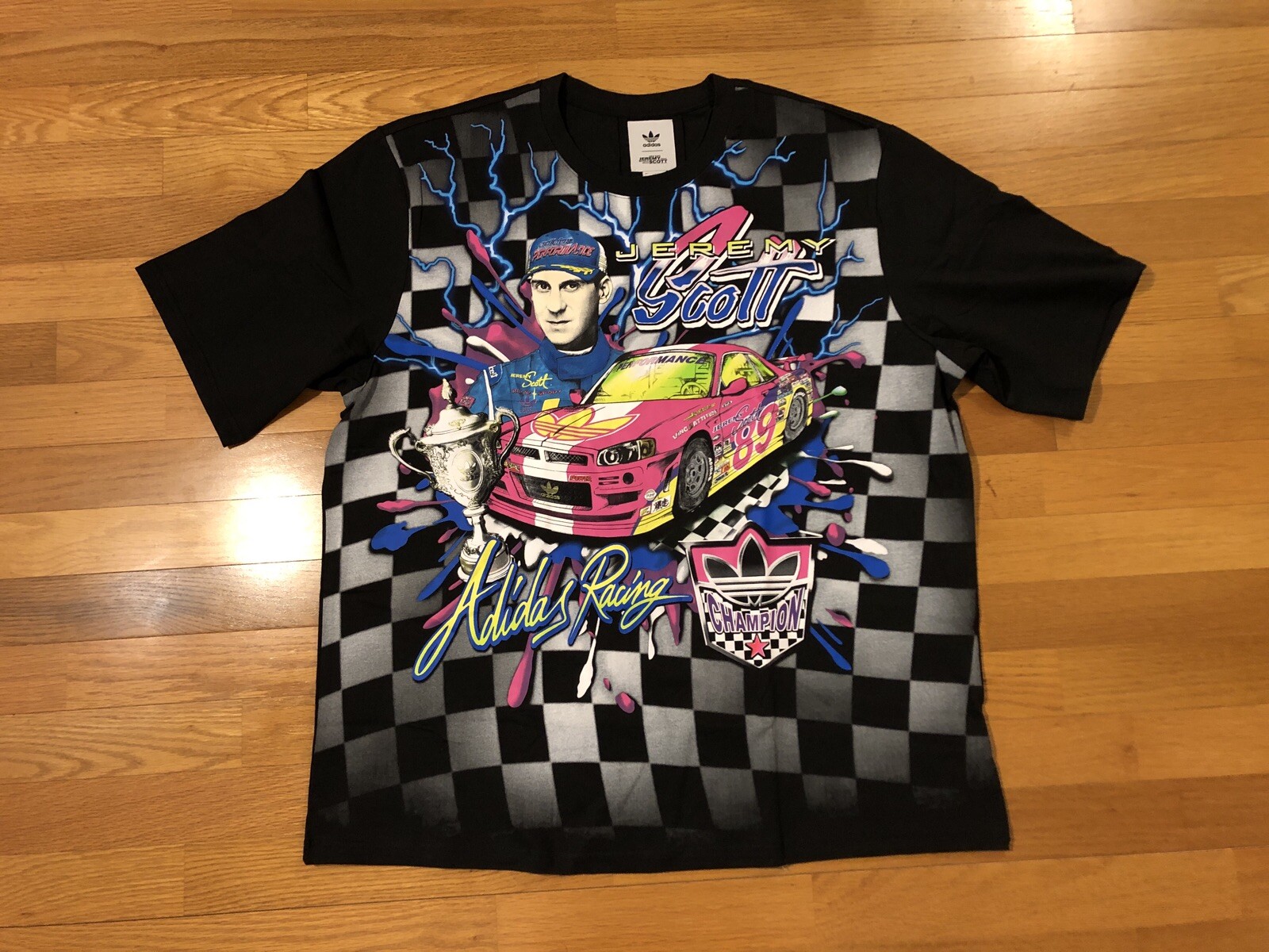 New XL Adidas Jeremy Scott Shirt JS Rally Nascar Style Checker Flag Shirt Men