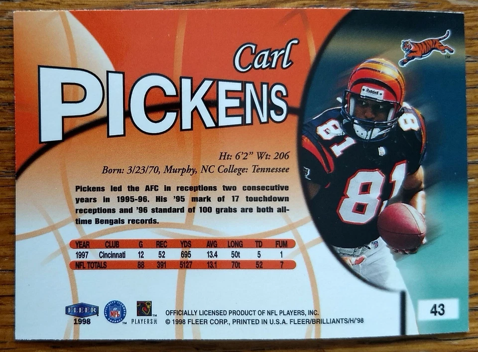 CARL PICKENS, 1998 FLEER BRILLIANTS #43, BENGALS - Image 2 of 2