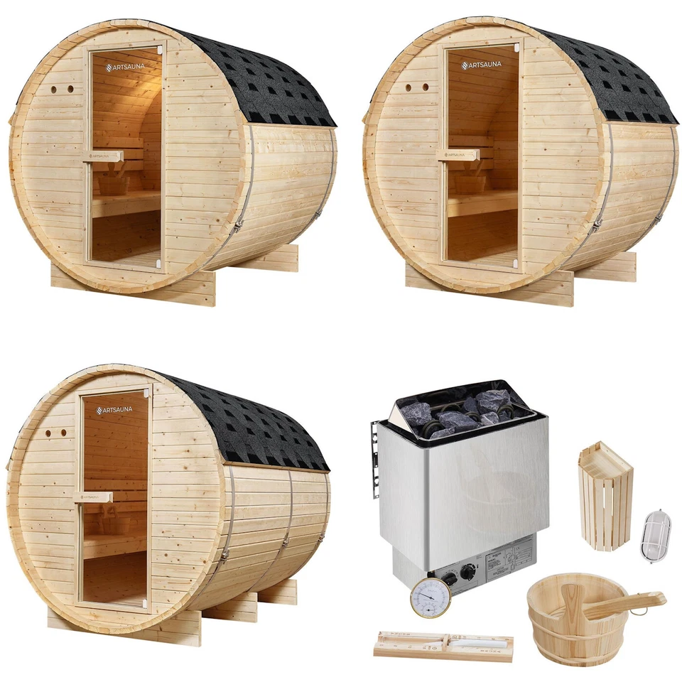 Outdoor Holz Fasssauna Saunafass 3 Größen KOMPLETT SET mit Sauna Ofen + Zubehör - Bild 2 von 4