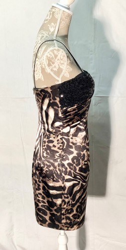 Y2K ARDEN B Animal Print Satin/Blk Sequin Sleeveless Mini Prom Occasion Dress~S - Picture 3 of 12