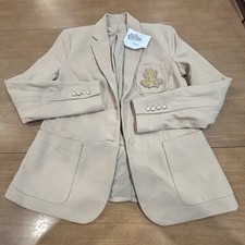 Lauren Ralph Lauren Blazer Womens S Cotton Lined Beige Gold Crest MISSING BUTTON