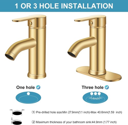 Grifo de baño dorado cepillado de una sola manija con desagüe emergente - Lujo moderno - Imagen 5 de 8