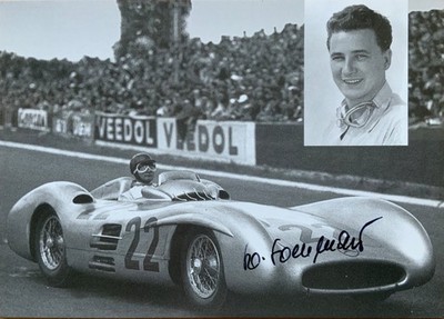 HANS HERRMANN handsignierte Autogrammkarte Formel 1 Stromlinien Mercedes 50er