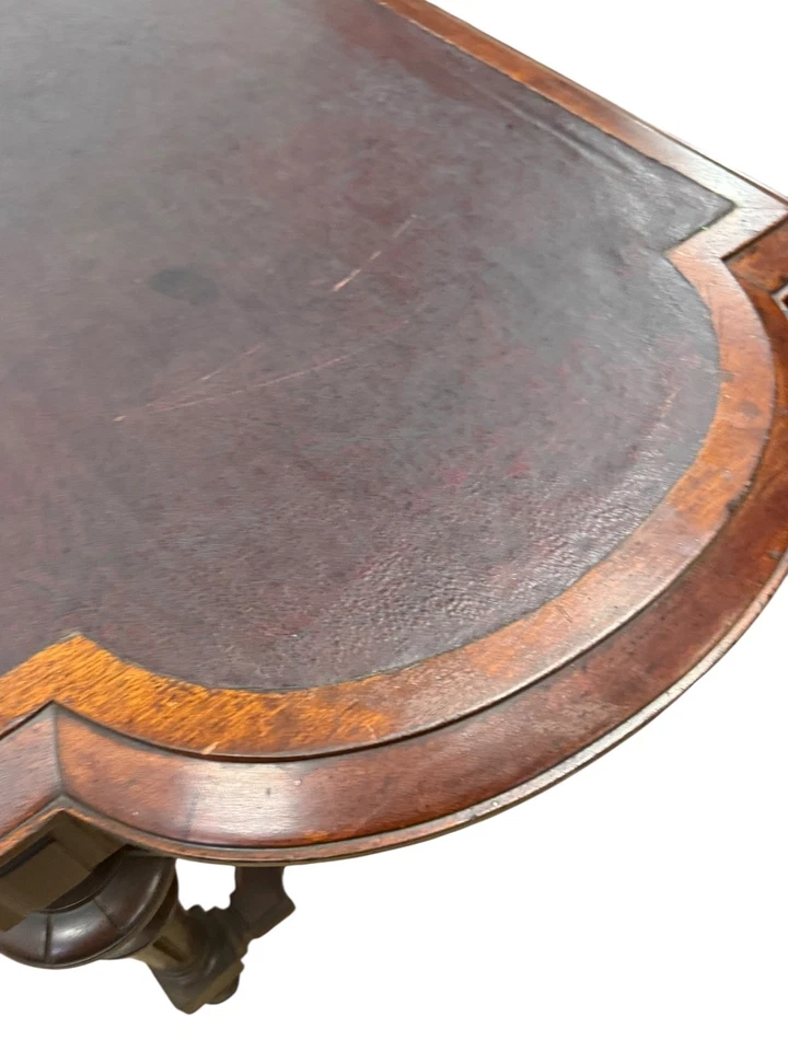 Antigua mesa de salón biblioteca renacimiento victoriano 1870 tapa de cuero Foto 2 de 4