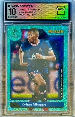 2021 Merlin Chrome UCL Kylian Mbappe /199 Aqua Speckle Refractor - three 10 SGs