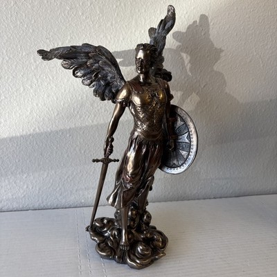 14.5'' Archangel St. Michael Shield, Sword, And Wings Bronze Finish Resin Exc!