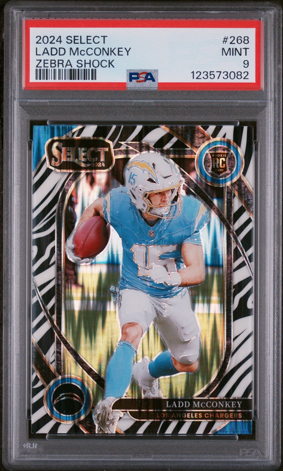 2024 Select Ladd McConkey Club Zebra Prizm Rookie RC #268 Chargers PSA 9